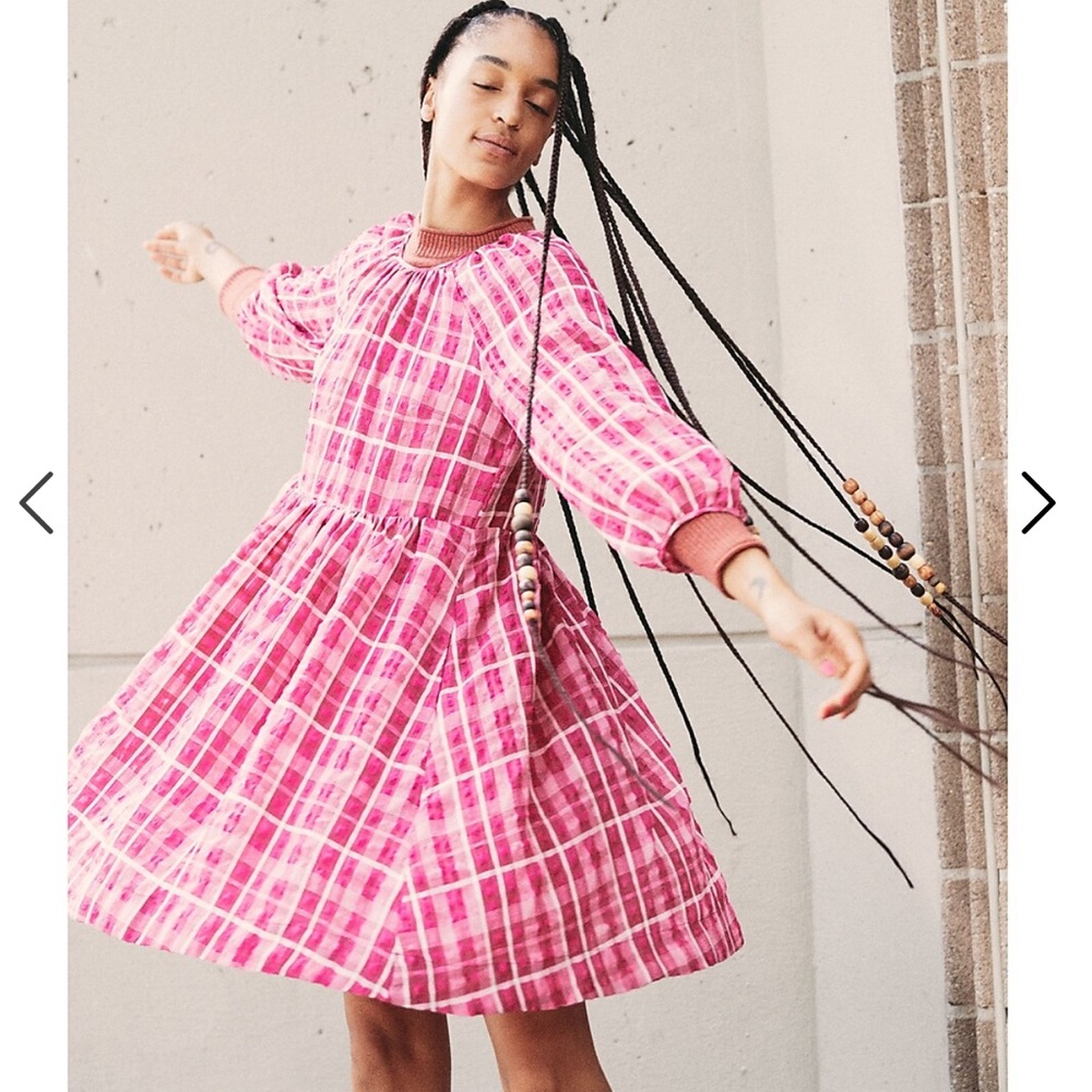 MADEWELL Plaid Babydoll Comfy Oversized Mini Dress Pink White new w/o tags